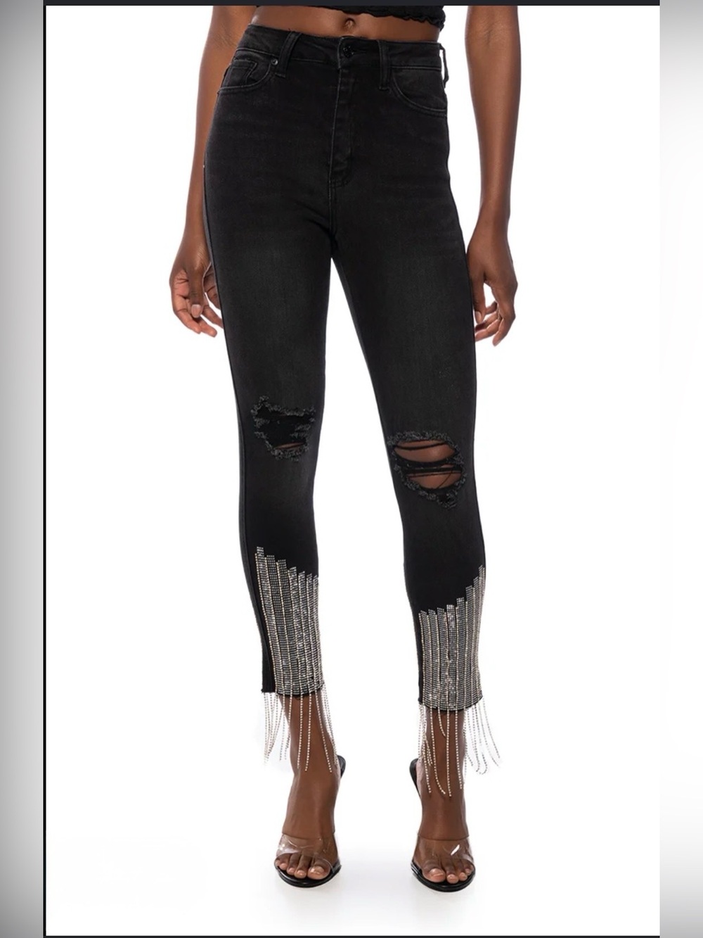 AKIRA Black Rhinestone Fringe Skinny Jeans High Rise Distressed W28 - Picture 2 of 15